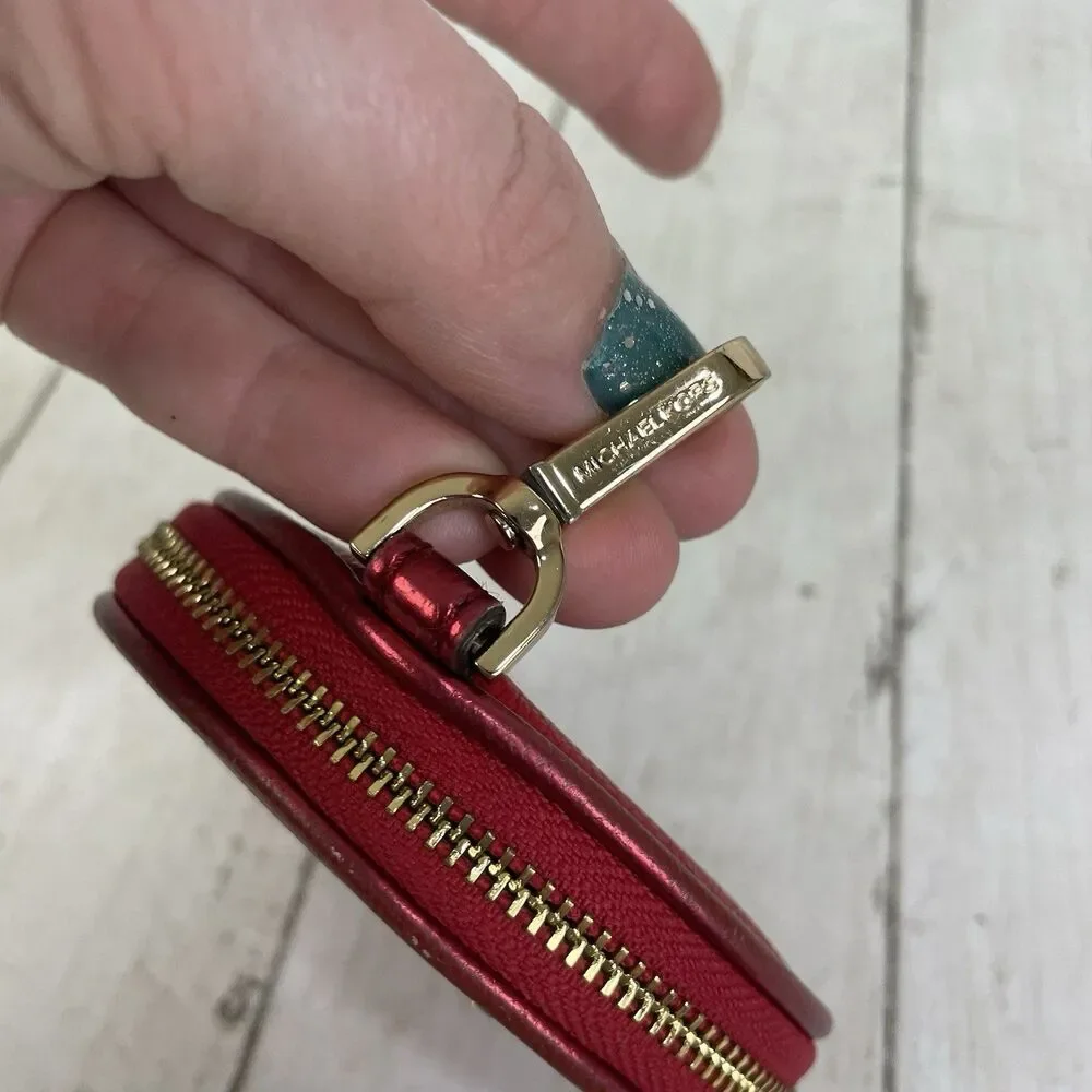 Michael Kors Round Coin Purse Keychain Red Zip Pouch AirPods Case
